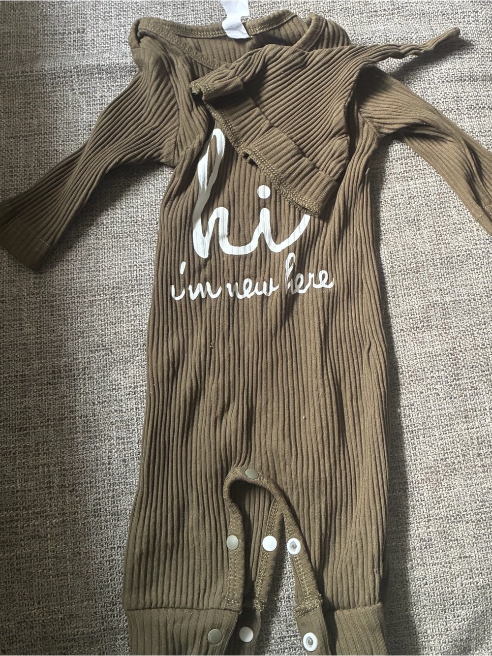 Green Ribbed Baby One-Piece with 'Hi I'm New Here' Print